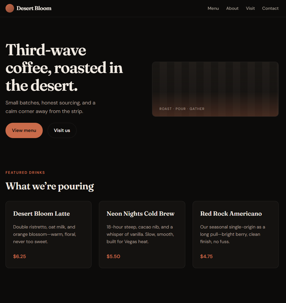 Sample website: Desert Bloom — specialty coffee shop landing page with featured drinks.