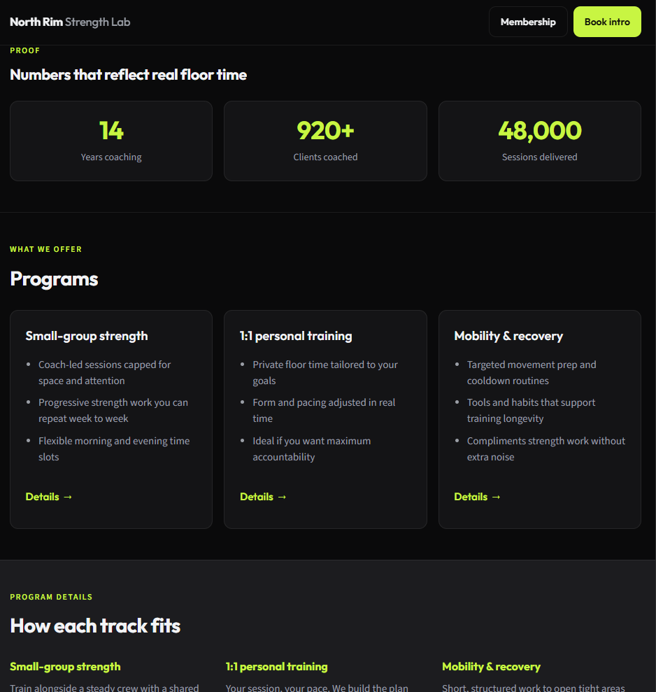 Sample website: North Rim Strength Lab — programs and proof stats for a boutique gym.