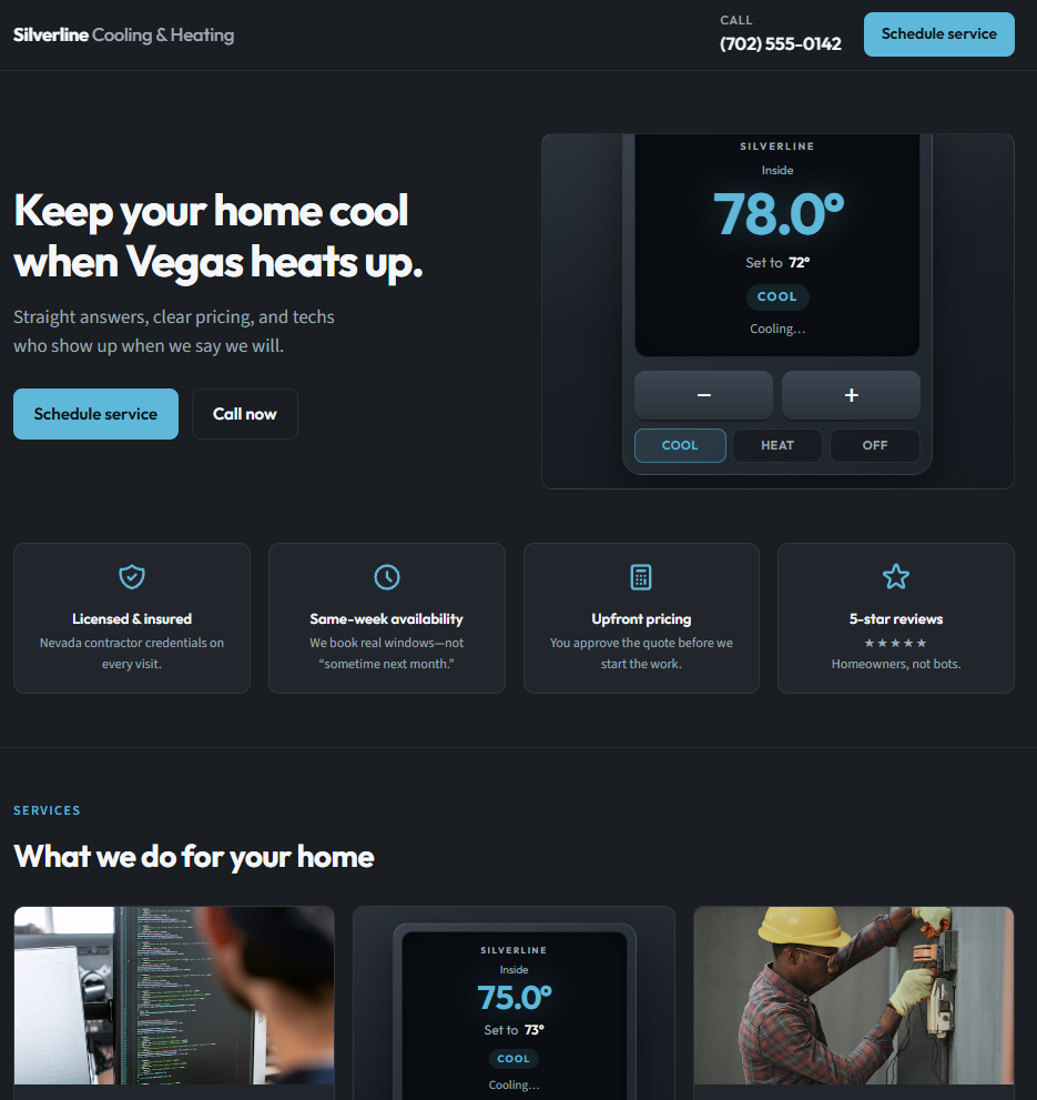 Sample website: Silverline Cooling & Heating — dark theme with hero, trust badges, and services.